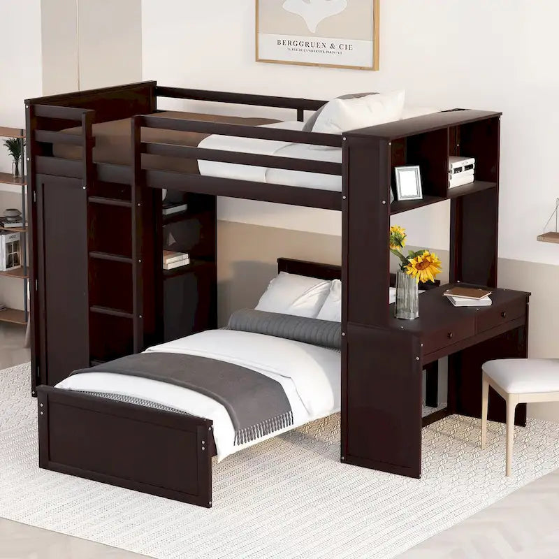 Loft Bed with a Stand-alone bed, Shelves, Desk and Wardrobe