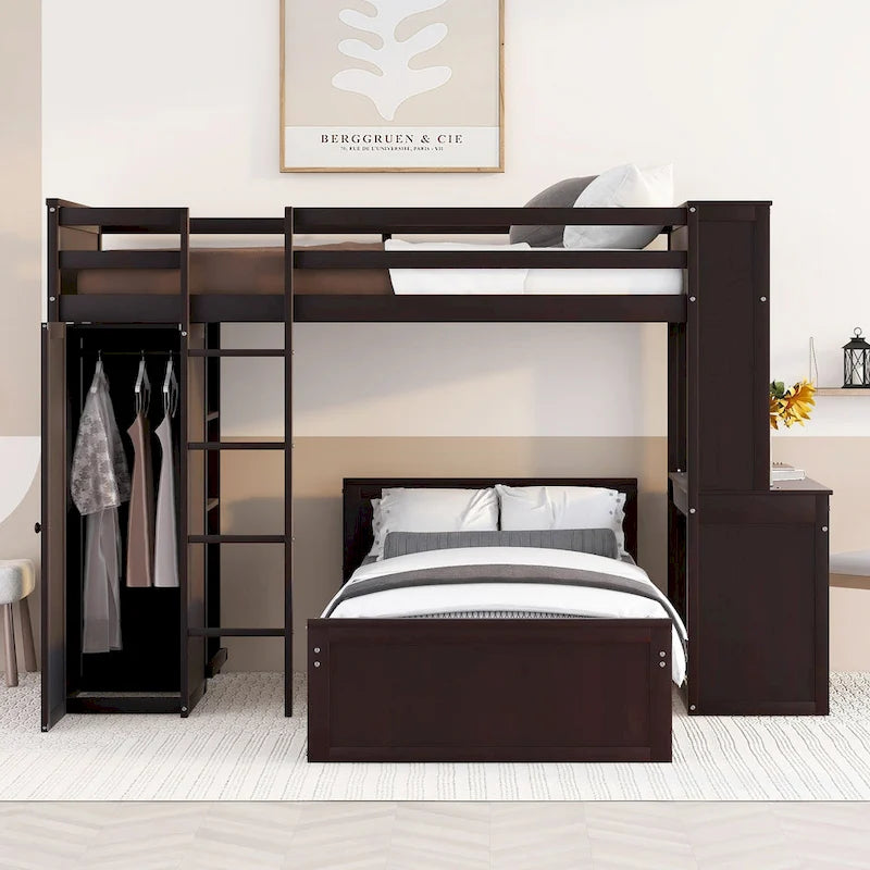 Loft Bed with a Stand-alone bed, Shelves, Desk and Wardrobe