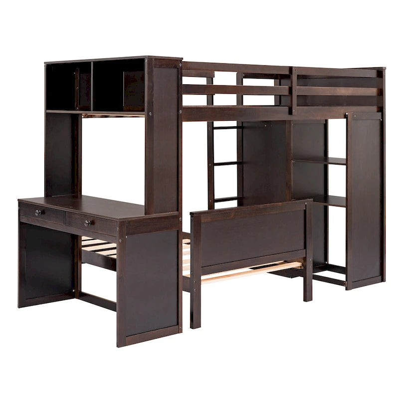 Loft Bed with a Stand-alone bed, Shelves, Desk and Wardrobe
