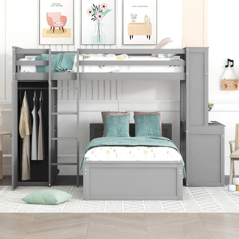 Loft Bed with a Stand-alone bed, Shelves, Desk and Wardrobe