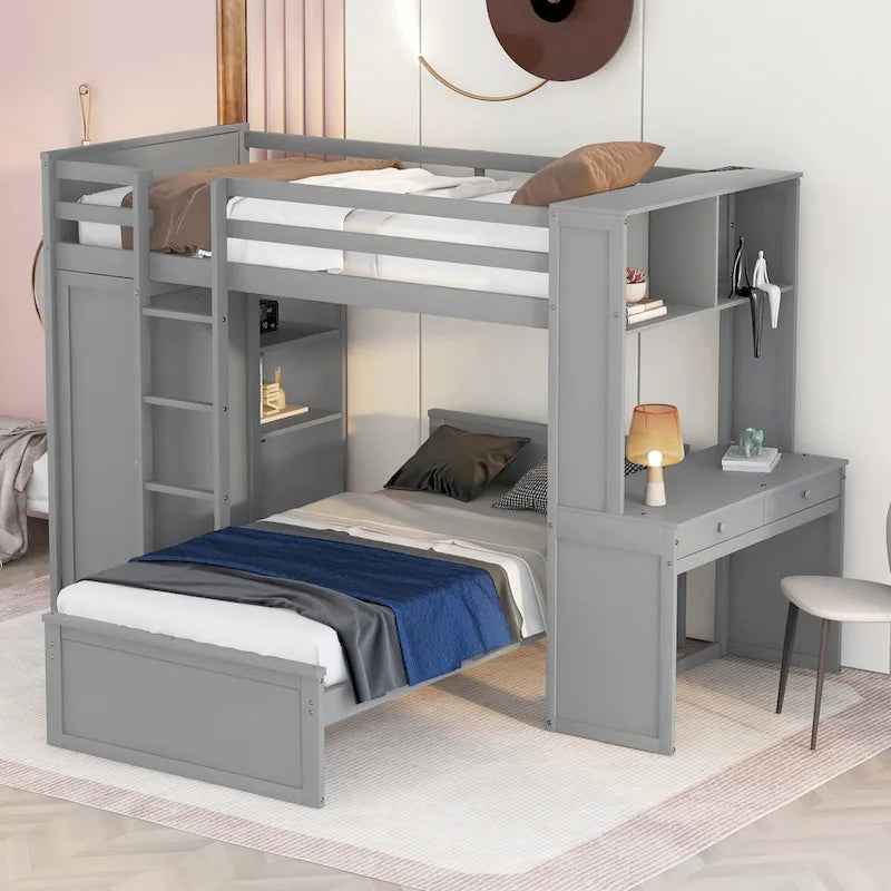 Loft Bed with a Stand-alone bed, Shelves, Desk and Wardrobe