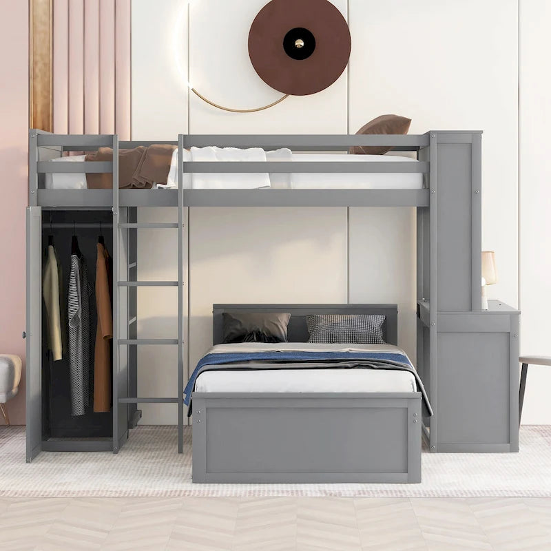 Loft Bed with a Stand-alone bed, Shelves, Desk and Wardrobe