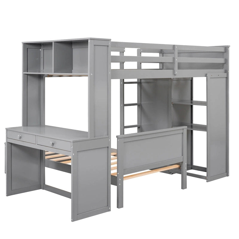 Loft Bed with a Stand-alone bed, Shelves, Desk and Wardrobe