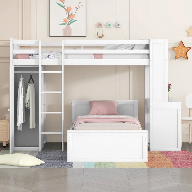 Loft Bed with a Stand-alone bed, Shelves, Desk and Wardrobe