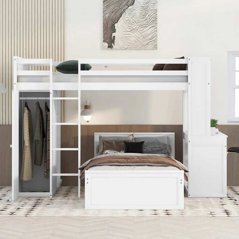 Loft Bed with a Stand-alone bed, Shelves, Desk and Wardrobe