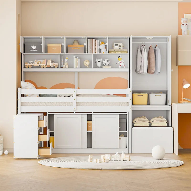 Wooden Loft Bed Big Storage with Under-bed Desk, Drawers and Shelves