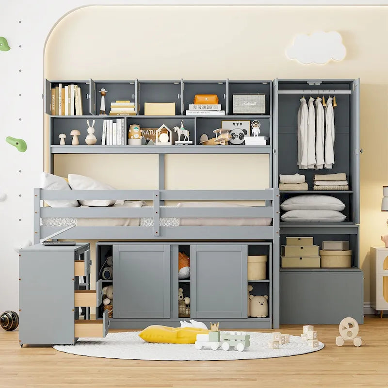 Wooden Loft Bed Big Storage with Under-bed Desk, Drawers and Shelves