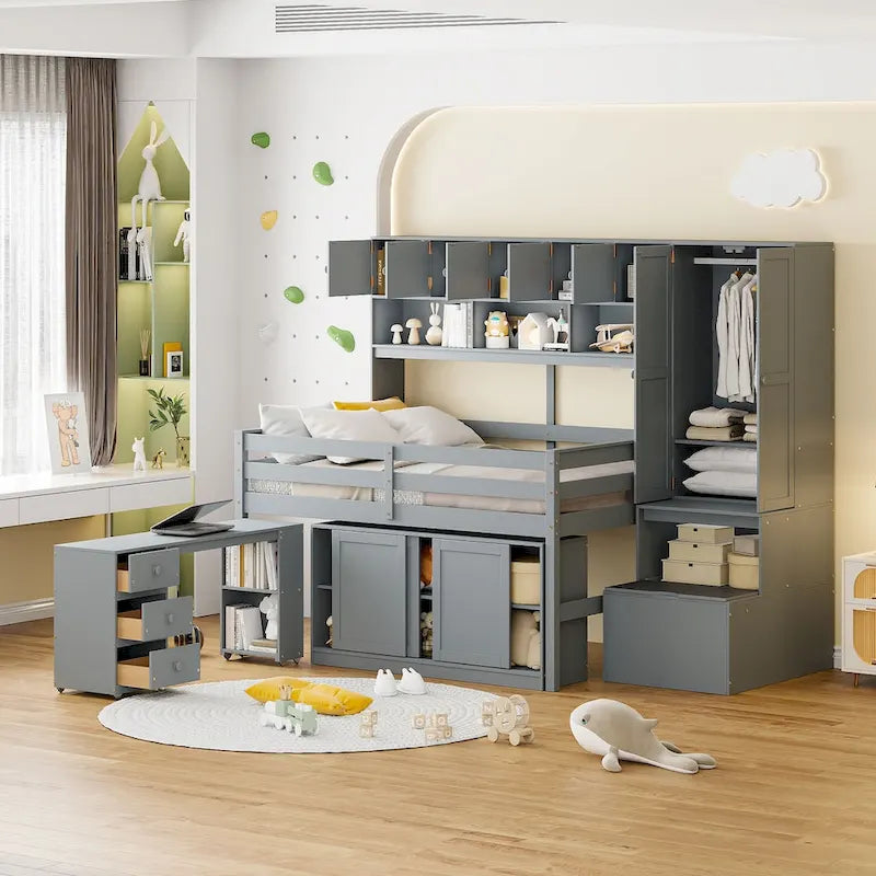 Wooden Loft Bed Big Storage with Under-bed Desk, Drawers and Shelves