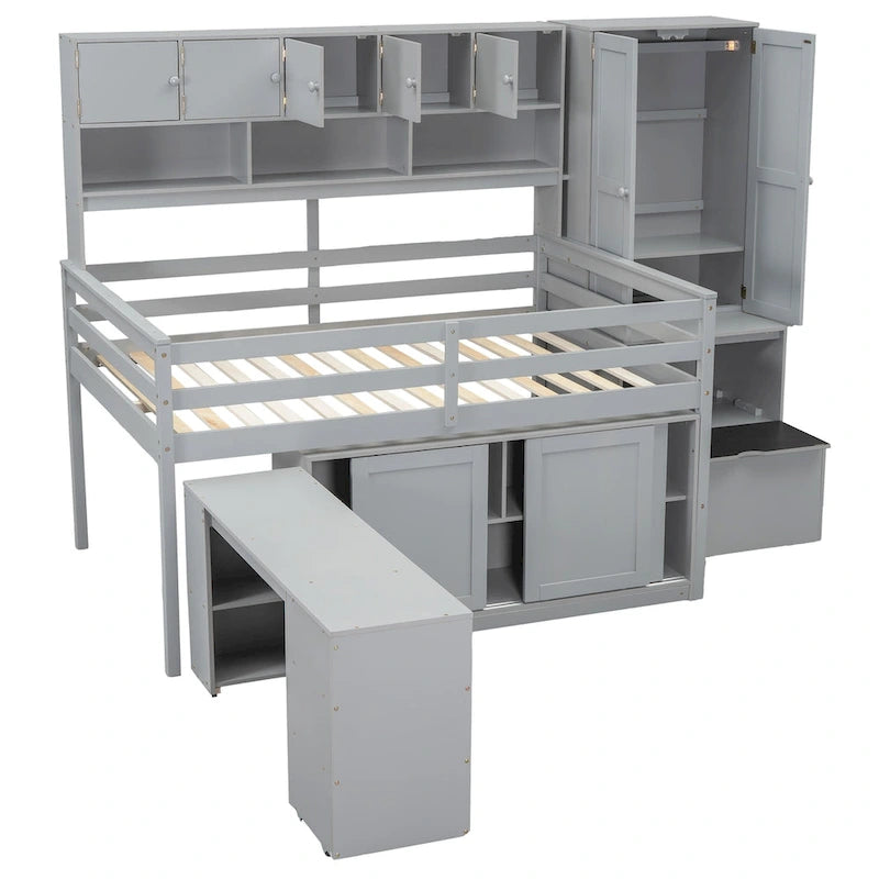 Wooden Loft Bed Big Storage with Under-bed Desk, Drawers and Shelves