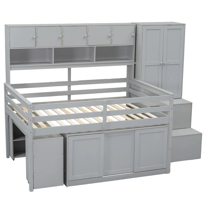 Wooden Loft Bed Big Storage with Under-bed Desk, Drawers and Shelves