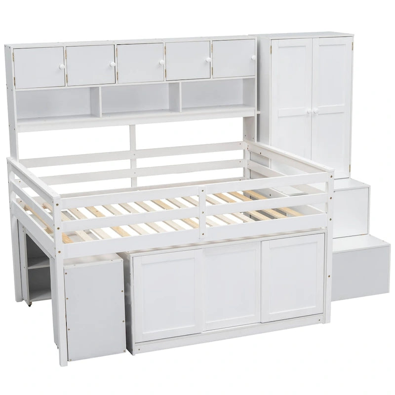 Wooden Loft Bed Big Storage with Under-bed Desk, Drawers and Shelves