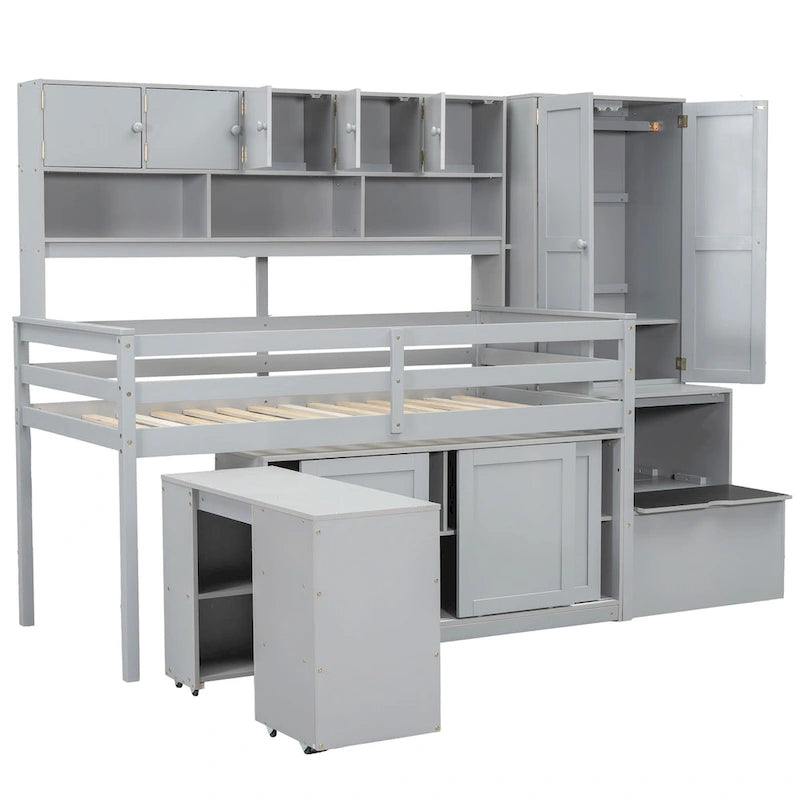 Wooden Loft Bed Big Storage with Under-bed Desk, Drawers and Shelves