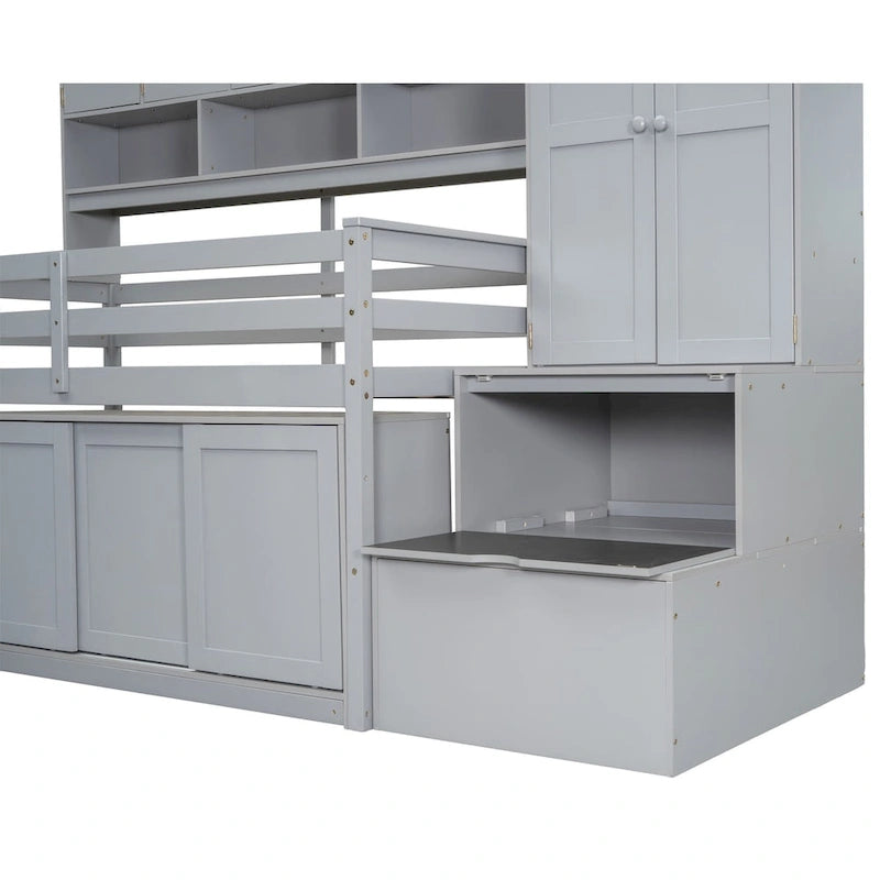Wooden Loft Bed Big Storage with Under-bed Desk, Drawers and Shelves