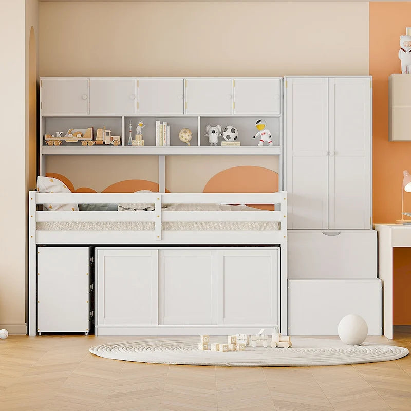 Wooden Loft Bed Big Storage with Under-bed Desk, Drawers and Shelves