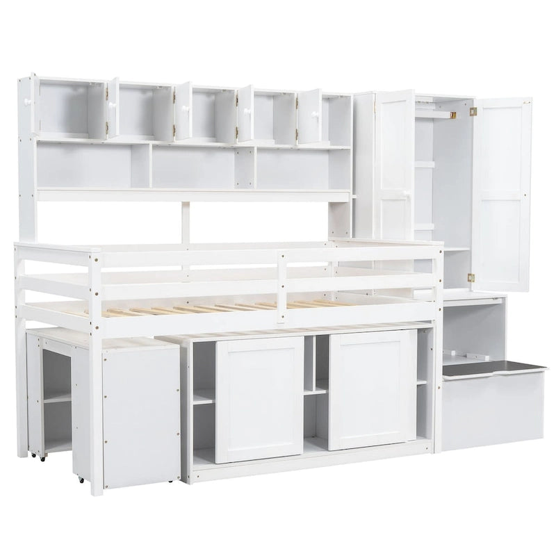Wooden Loft Bed Big Storage with Under-bed Desk, Drawers and Shelves