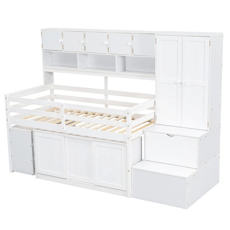 Wooden Loft Bed Big Storage with Under-bed Desk, Drawers and Shelves