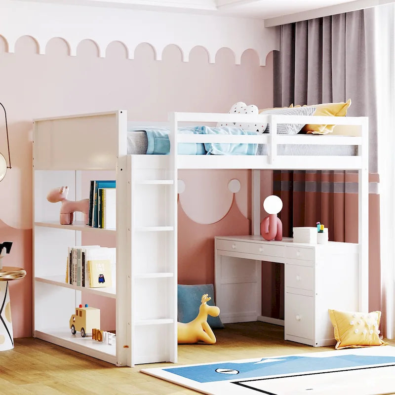 Loft Bed with Ladder, Shelves and Desk