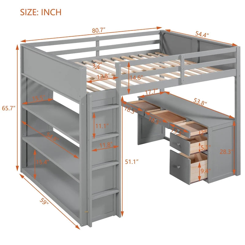 Loft Bed with Ladder, Shelves and Desk