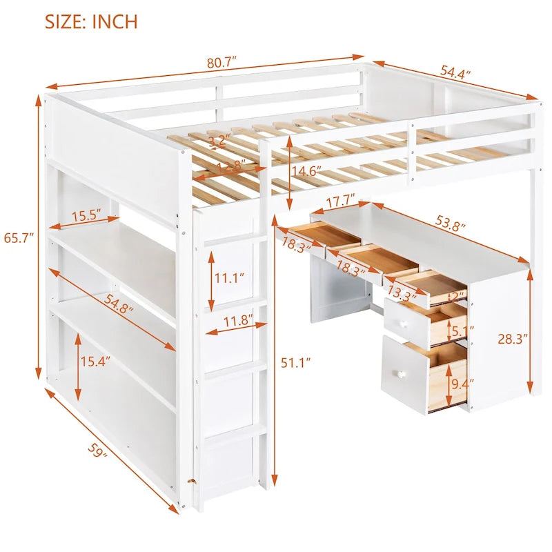 Loft Bed with Ladder, Shelves and Desk