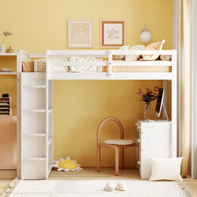 Loft Bed with Ladder, Shelves and Desk