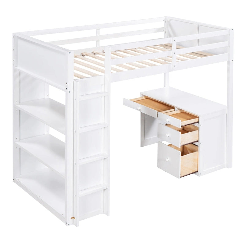 Loft Bed with Ladder, Shelves and Desk