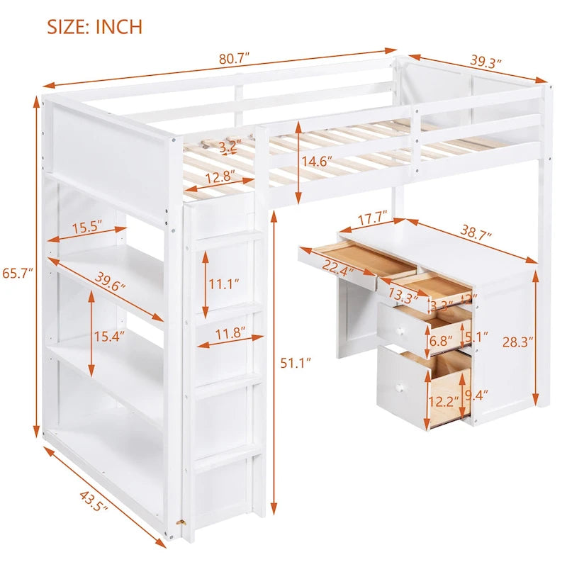 Loft Bed with Ladder, Shelves and Desk