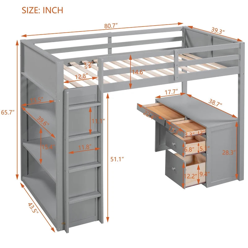 Loft Bed with Ladder, Shelves and Desk