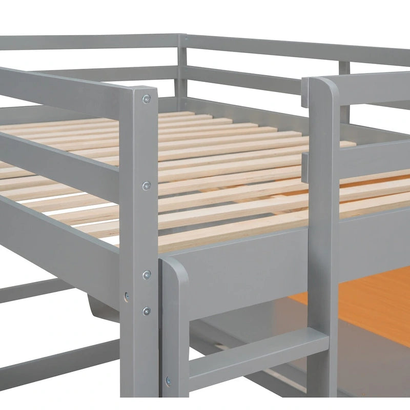 Gray Whimsical Full Size Loft Bed with Desk - Solid Pine Wood and MDF Construction