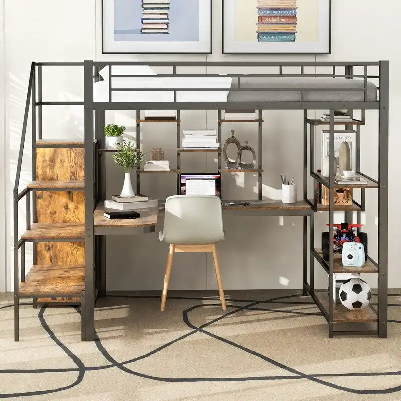 Full Size Metal Loft Bed with Wardrobe, Built-in Desk and Storage Shelves