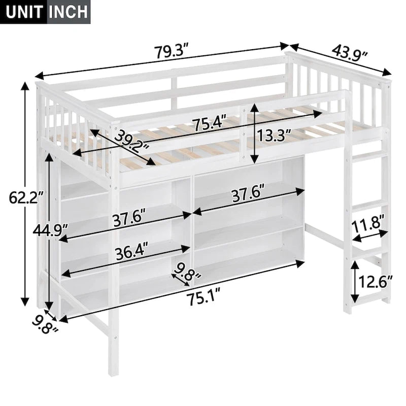 Loft Bed with 8 Storage Shelves and Built-in Ladder
