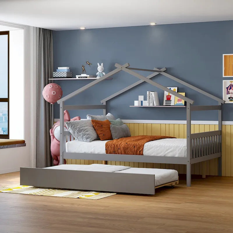 Wooden Full House Day Bed with Trundle