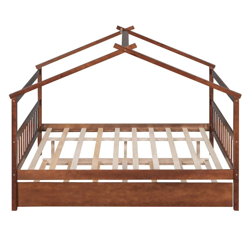Wooden Full House Day Bed with Trundle