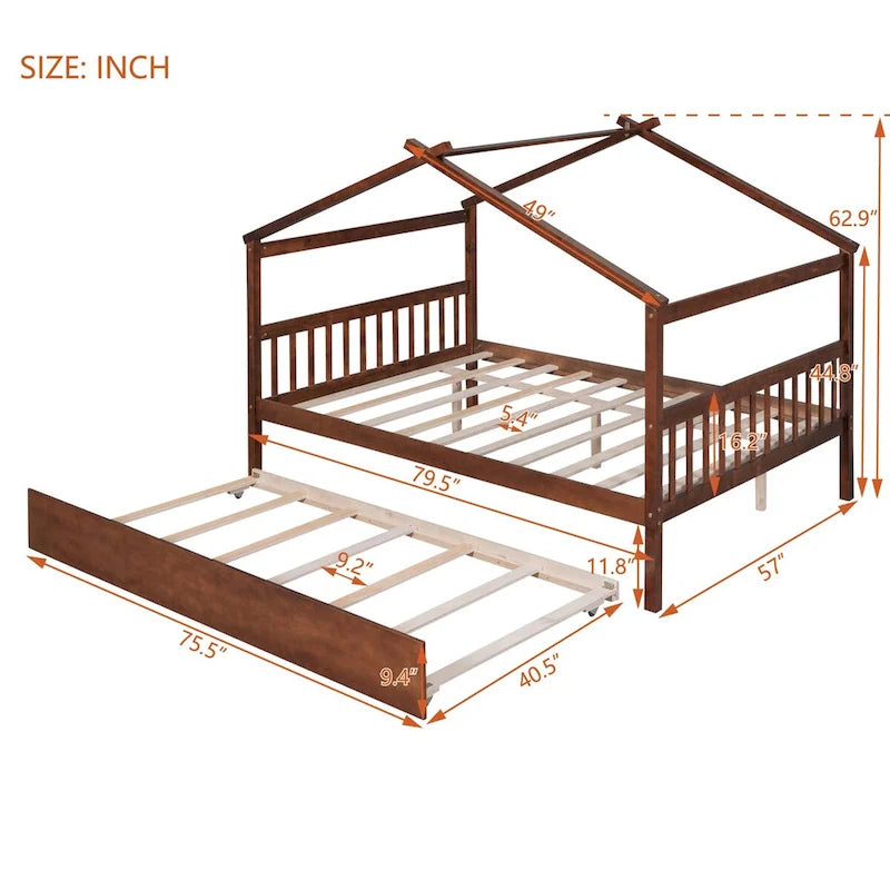 Wooden Full House Day Bed with Trundle
