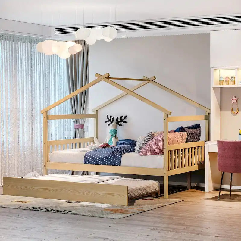Wooden Full House Day Bed with Trundle