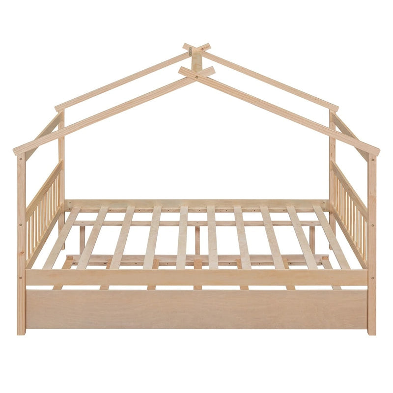 Wooden Full House Day Bed with Trundle