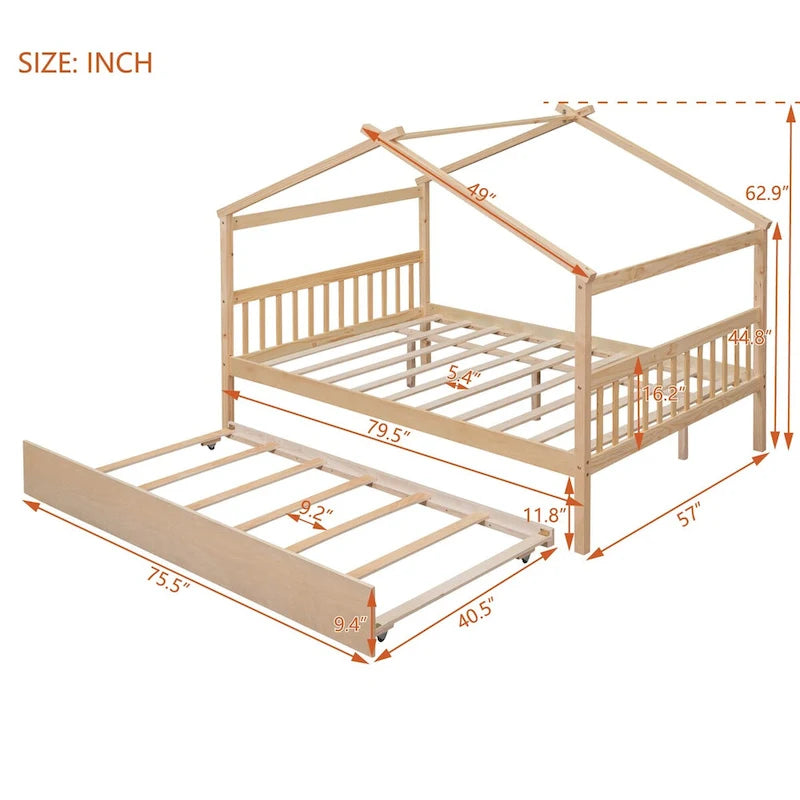 Wooden Full House Day Bed with Trundle