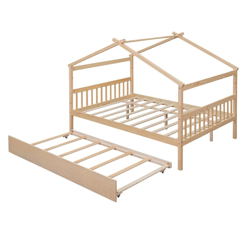 Wooden Full House Day Bed with Trundle