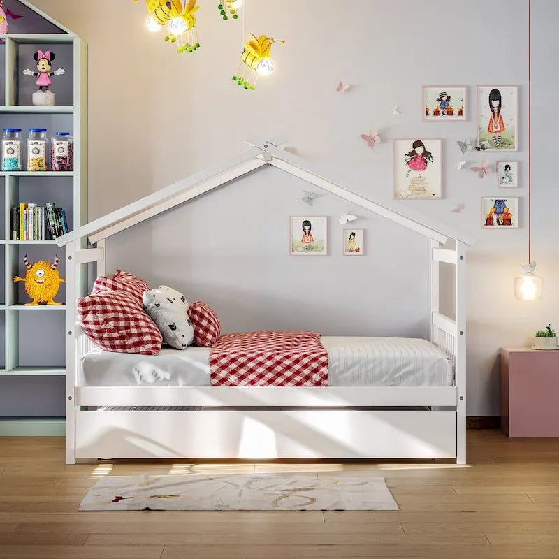 Wooden Full House Day Bed with Trundle