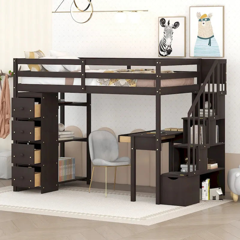 Twin size Loft Bed, with Built in Desk, Drawers, and Storage Stairs