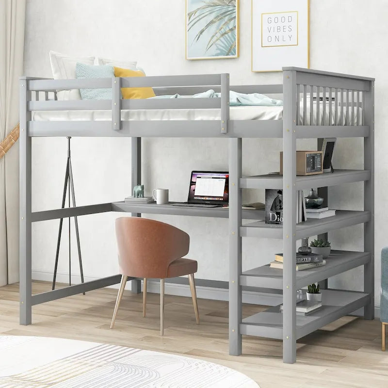 Loft Bed with Storage Shelves and Under-Bed Desk