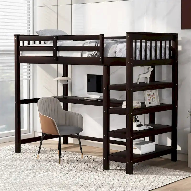 Loft Bed with Storage Shelves and Under-Bed Desk