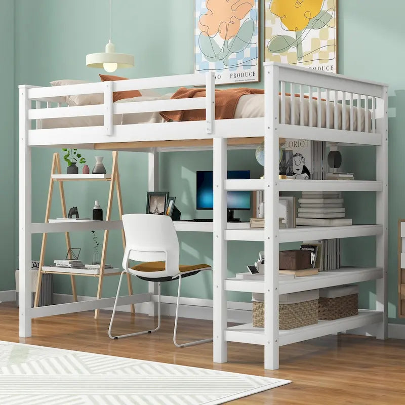 Loft Bed with Storage Shelves and Under-Bed Desk