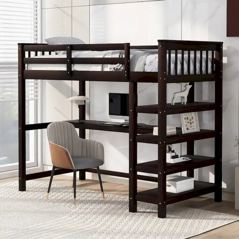 Loft Bed with Storage Shelves and Under-Bed Desk