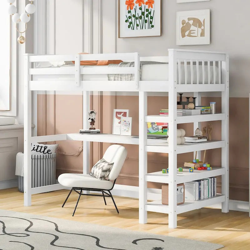 Loft Bed with Storage Shelves and Under-Bed Desk