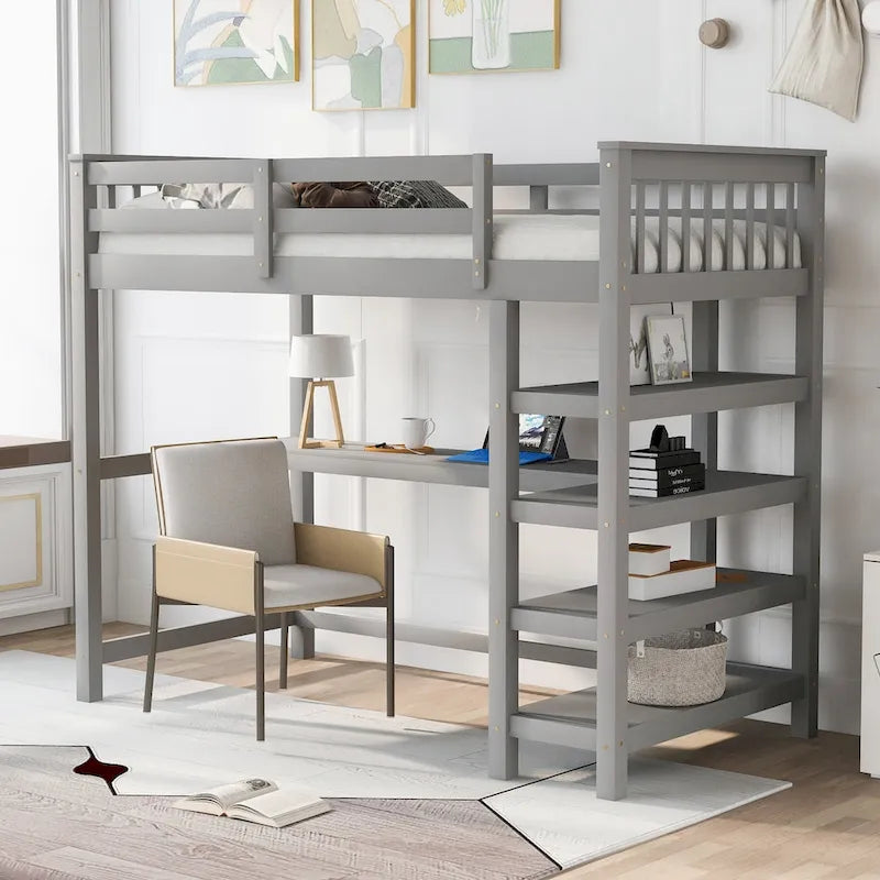Loft Bed with Storage Shelves and Under-Bed Desk