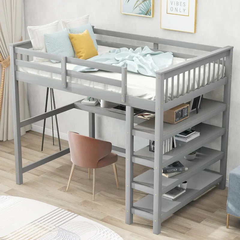 Loft Bed with Storage Shelves and Under-Bed Desk