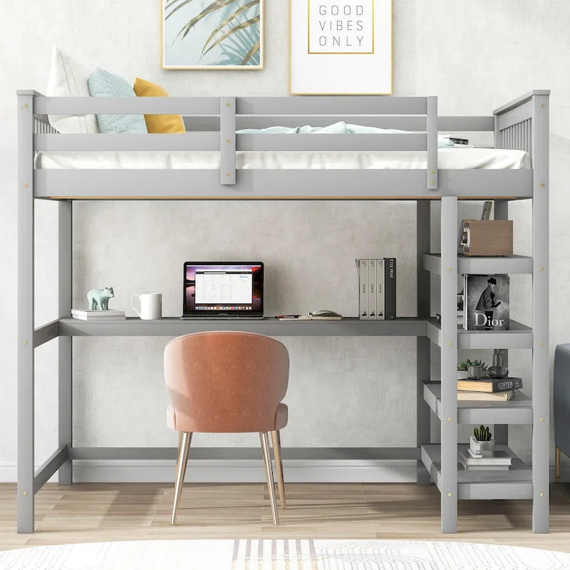 Loft Bed with Storage Shelves and Under-Bed Desk