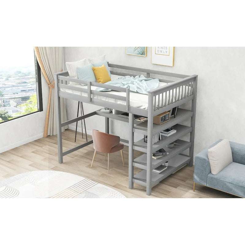 Loft Bed with Storage Shelves and Under-Bed Desk