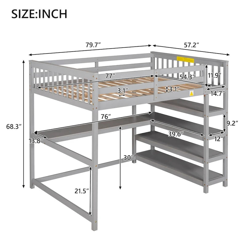 Loft Bed with Storage Shelves and Under-Bed Desk