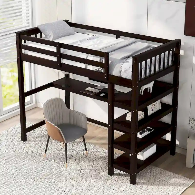 Loft Bed with Storage Shelves and Under-Bed Desk